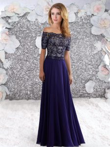 Inexpensive Off The Shoulder Short Sleeves Zipper Prom Party Dress Purple Chiffon