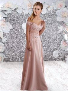 High Class Floor Length Zipper Prom Dress Peach for Prom and Party with Beading and Lace