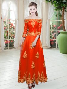 Orange Red Lace Up Off The Shoulder Lace Prom Party Dress Tulle 3 4 Length Sleeve