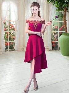 Romantic Asymmetrical Wine Red Homecoming Dress Satin Sleeveless Appliques