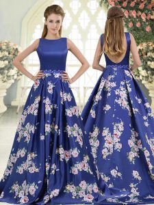 Cute Royal Blue A-line Scoop Sleeveless Printed Brush Train Backless Beading and Pattern Prom Evening Gown