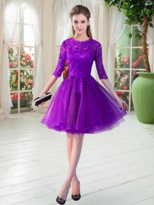 Knee Length Zipper Prom Party Dress Purple for Prom and Party with Lace