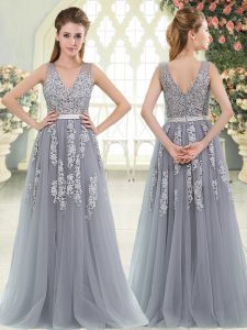 Floor Length Grey Prom Dress Tulle Sleeveless Appliques