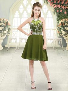 A-line Prom Evening Gown Olive Green Halter Top Chiffon Sleeveless Knee Length Zipper