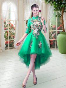 Turquoise Zipper Prom Gown Appliques Half Sleeves High Low