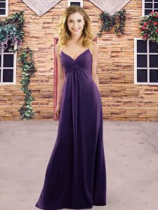 Purple Sleeveless Floor Length Ruching Backless Wedding Guest Dresses