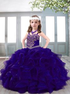 Blue Ball Gowns Beading and Ruffles Little Girl Pageant Gowns Lace Up Organza Sleeveless Floor Length