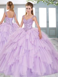 Lavender Spaghetti Straps Lace Up Beading and Lace Quince Ball Gowns Sleeveless