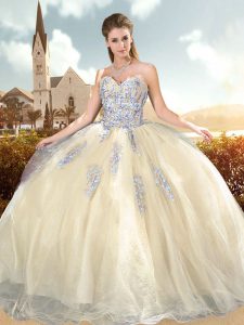 Ball Gowns Quinceanera Gown Champagne Sweetheart Organza Sleeveless Floor Length Lace Up