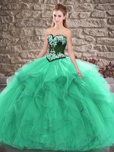 Chic Beading and Embroidery Quinceanera Gowns Turquoise Lace Up Sleeveless Floor Length