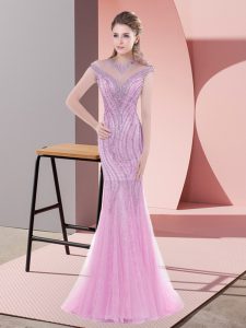 Top Selling Pink Cap Sleeves Beading Lace Up Evening Dress