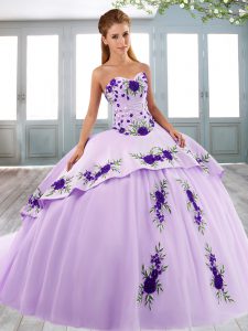 Decent Lilac Lace Up Sweetheart Beading and Embroidery Ball Gown Prom Dress Tulle Sleeveless Sweep Train