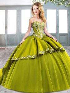 Sumptuous Sweetheart Sleeveless Sweep Train Lace Up Quinceanera Gown Olive Green Satin and Tulle