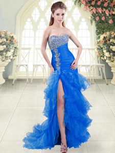 Shining Blue Sleeveless Organza Sweep Train Lace Up Evening Dress for Prom and Party