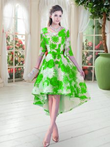 High Low Green Prom Gown Lace Half Sleeves Belt