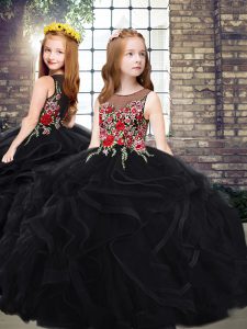 Attractive Sleeveless Embroidery and Ruffles Zipper Pageant Gowns For Girls with Black Sweep Train