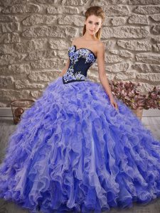Lavender Lace Up Quinceanera Gowns Embroidery and Ruffles Sleeveless Sweep Train