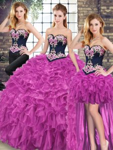 Best Sweep Train Ball Gowns 15th Birthday Dress Fuchsia Sweetheart Organza Sleeveless Lace Up