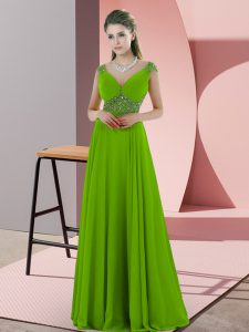 Green V-neck Backless Beading Evening Dress Sleeveless