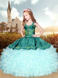 Embroidery and Ruffles Pageant Dress Wholesale Green Lace Up Sleeveless Floor Length