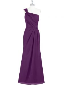 Sexy Eggplant Purple Column/Sheath One Shoulder Sleeveless Chiffon Floor Length Side Zipper Ruching Dress for Prom