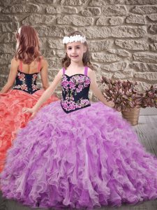 Lilac Organza Lace Up Straps Sleeveless Floor Length Little Girl Pageant Gowns Embroidery and Ruffles