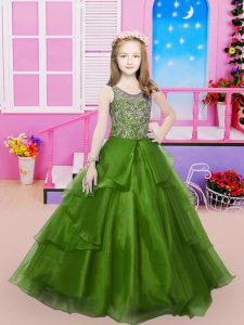 Sleeveless Beading Lace Up Pageant Dress for Teens with Green Sweep Train
