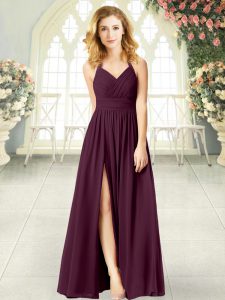Simple Burgundy Chiffon Zipper Halter Top Sleeveless Floor Length Prom Dress Ruching