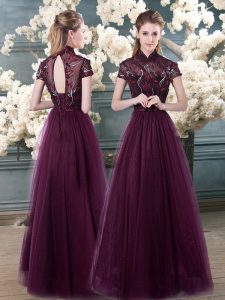 Customized Purple Short Sleeves Beading and Appliques Floor Length Prom Party Dress