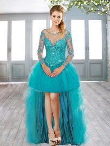 Long Sleeves High Low Beading and Appliques Lace Up Prom Dress with Turquoise