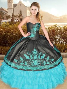 Blue And Black Sleeveless Floor Length Embroidery and Ruffled Layers Lace Up Quince Ball Gowns