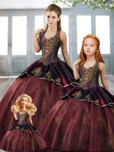 Designer Burgundy Lace Up Quinceanera Gowns Beading and Appliques Sleeveless Floor Length