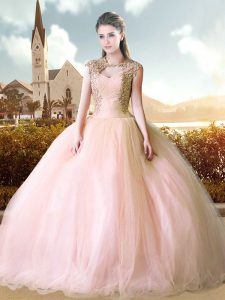 Luxurious Pink Lace Up Quinceanera Gowns Cap Sleeves Floor Length Beading