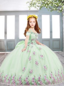 Fashionable Yellow Green Ball Gowns Lace and Appliques and Bowknot Little Girl Pageant Dress Lace Up Tulle Short Sleeves