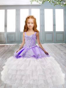 Inexpensive Lavender Kids Formal Wear Sweep Train Sleeveless Appliques and Ruffled Layers