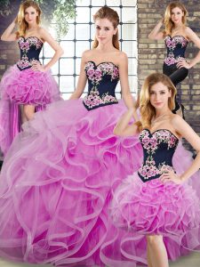 Glorious Lilac Sleeveless Embroidery and Ruffles Lace Up Sweet 16 Dresses