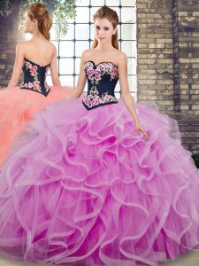 Excellent Sleeveless Embroidery and Ruffles Lace Up 15th Birthday Dress with Lilac Sweep Train