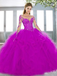 Fuchsia High-neck Neckline Beading and Appliques and Ruffles Sweet 16 Dress Long Sleeves Lace Up