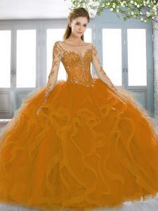 Cute Orange and Brown Scoop Lace Up Appliques and Ruffles Sweet 16 Quinceanera Dress Sweep Train Long Sleeves