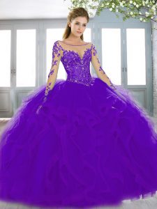 Dark Purple and Purple Vestidos de Quinceanera Tulle Sweep Train Long Sleeves Beading and Appliques and Ruffles