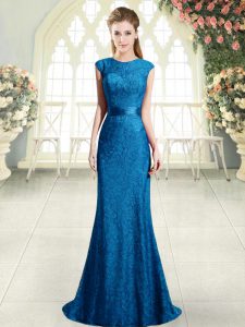 Scoop Cap Sleeves Sweep Train Beading and Lace Blue
