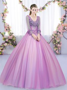Lilac V-neck Lace Up Lace and Appliques Vestidos de Quinceanera Long Sleeves