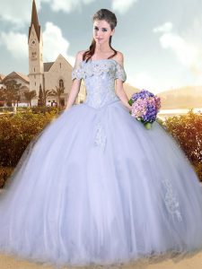 Off The Shoulder Sleeveless Quinceanera Gowns Floor Length Beading and Lace Lavender Tulle