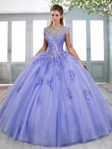 Lavender Quinceanera Gown Scoop Sleeveless Sweep Train Lace Up