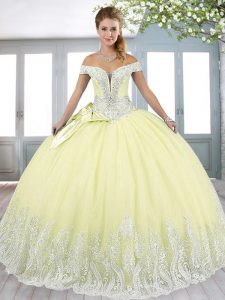 Gorgeous Light Yellow Sleeveless Beading and Appliques and Bowknot Floor Length 15 Quinceanera Dress