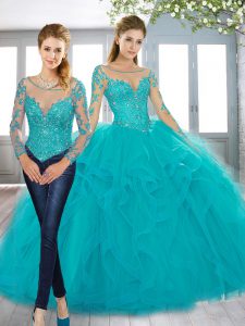Teal Lace Up Quinceanera Gowns Beading Long Sleeves Sweep Train