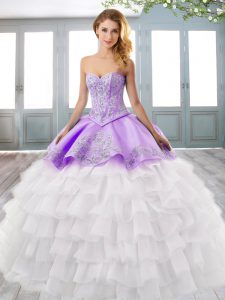 Exceptional Sleeveless Beading Lace Up Quinceanera Dresses with White And Purple Court Train