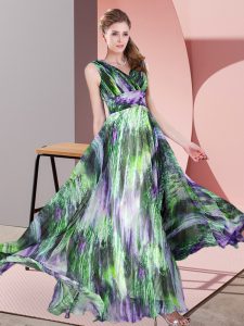 Perfect Multi-color Empire V-neck Sleeveless Printed Floor Length Lace Up Pattern Evening Dress