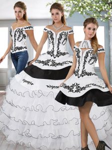 Shining White And Black Off The Shoulder Lace Up Embroidery and Ruffled Layers Ball Gown Prom Dress Sleeveless