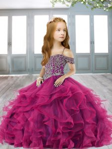Fuchsia Off The Shoulder Lace Up Beading and Ruffles Child Pageant Dress Brush Train Sleeveless